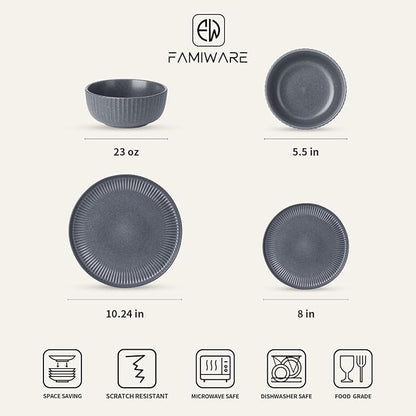 Famiware Ceramic Plates and Bowls Sets, Reactive Glaze Ribbed Dishes