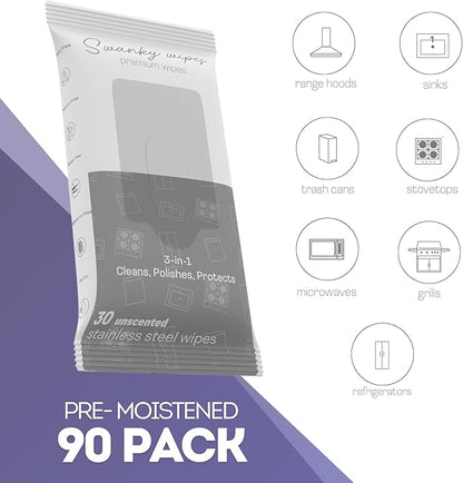 Swanky Stainless Steel Cleaner Wipes - Grime & Grease Remover Kitchen Cleaning Supplies - Clean & Shine, For Stove Top, Refrigerator, Sink, Oven, & Household Appliances - Soft Wipes, 90 Count
