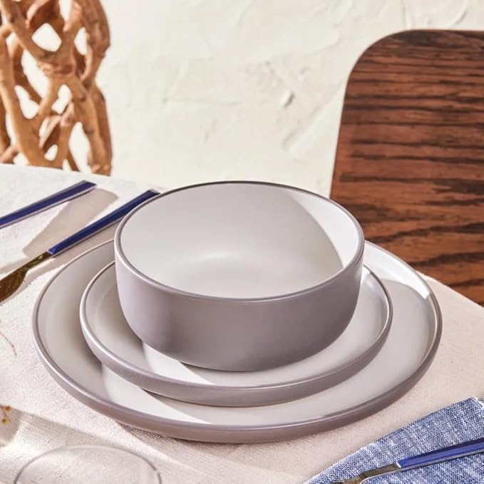Karaca Riley 18-Piece Stoneware Plates and Bowls Set - Kitchen Dinnerware Sets for 6 - Grey Elegant Design Dish Set for Family Meals and Entertaining & Dishwasher Safe