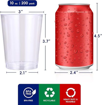 JOLLY CHEF 10 oz Clear Disposable Plastic Cups 200 Pack, Clear Plastic Cups Tumblers, Heavy duty Party Glasses, Disposable Cups for Wedding, Thanksgiving, Christmas Party