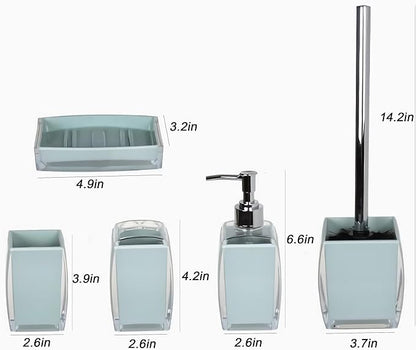 5 Pcs Blue Acrylic Bathroom Accessories Set Complete,Lotion/Soap Dispenser,Soap Dish,Toothbrush Holder,Tumbler, Toilet Brush and Holder, Modern Bathroom Decor and Housewarming Gift Set, Blue