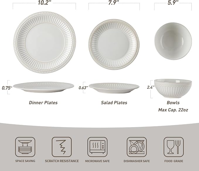 Famiware Ceramic Plates and Bowls Sets, Embossed Dishes Dinnerware