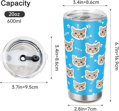 FunStudio Personalized Cat Face Tumbler with Pictures Kitty Pet Paw Custom Tumblers Coffee Travel Mug Cup Gift for Men Women, 20 Oz Insulated Stainless Steel