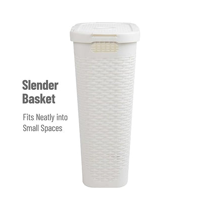 Mind Reader Slim Laundry Hamper with Lid, 40L Clothes Basket, Premium Wicker Design, Plastic, Set of 2, White