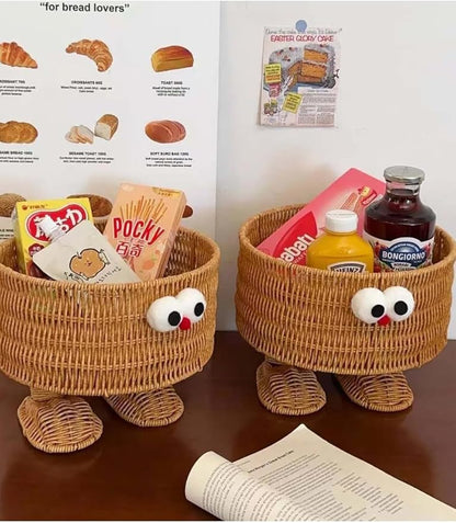 hand-woven round rattan basket storage basket storage box ornaments decorative basket multifunctional picnic food bread basket fruit gift basket key basket. (cartoon)