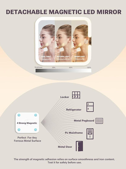 Qislee Makeup Box with A Detachable Lighted Mirror, Waterproof Travel Train Case, Cosmetic Organizer and Makeup Suitcase with Adjustable Dividers, Magnetic LED Mirror(Sparkling Blue)