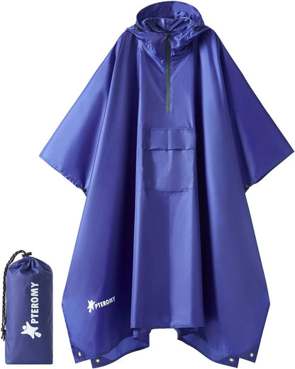 PTEROMY Hooded Rain Poncho for Adult with Pocket, Waterproof Lightweight Unisex Raincoat for Hiking Camping Emergency