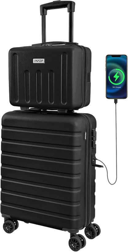 AnyZip Suitcase, 20" Carry On Luggage 14" Mini Cosmetic Cases Luggage Sets Hardside PC ABS Lightweight USB Suitcase with Wheels TSA for kids (2-Piece Set (14/20),Black)