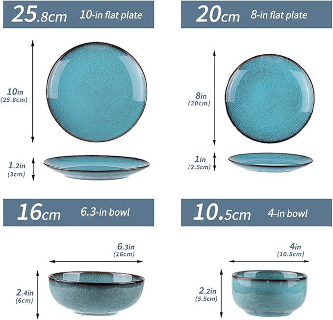 16 Piece Dinnerware Sets for 4， Scratch Resistant,microwave oven and Dishwasher Safe Plates and Bowls Sets Ceramic, Dish Set, Bowl and Plate Set -Kiln turned sea blue