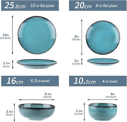 16 Piece Dinnerware Sets for 4， Scratch Resistant,microwave oven and Dishwasher Safe Plates and Bowls Sets Ceramic, Dish Set, Bowl and Plate Set -Kiln turned sea blue