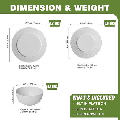 Yoshy Bone China Dinnerware with Lightweight Durable Chip Resistant Design Service for 4 (12 Piece - Service for 4, Streamsong)