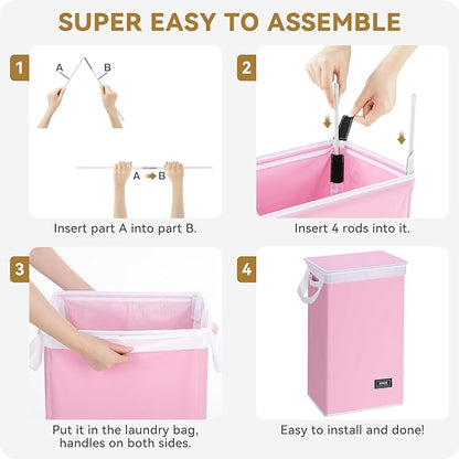 SOLEDI Slim Laundry Hamper with Lid, Narrow Laundry Basket with Removable Bags, Dirty Clothes Hamper with handle, Small Hamper perfect for Laundry room, Bathroom, Bedroom, Small spaces. 70L Pink