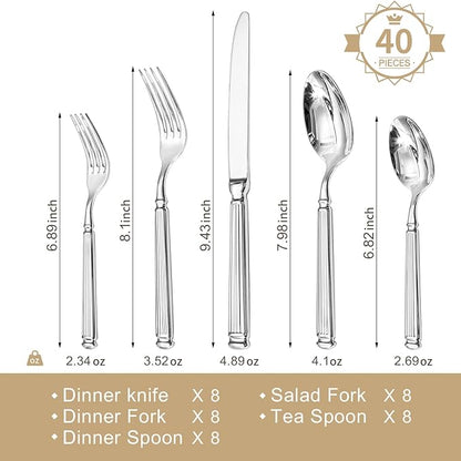 KINGSTONE Silverware Set, 40-Piece 18/10 Stainless Steel Flatware Set - Roman Column Embossed Thick Handle, for Wedding, Home, Restaurant, Kitchen and Party, Mirror Polish & Dishwasher Safe