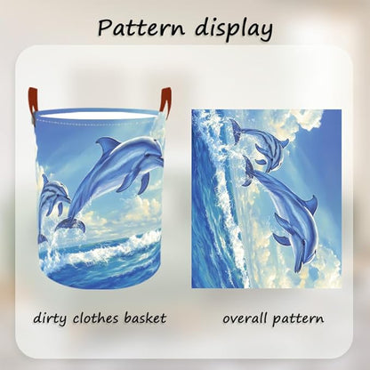 Laundry Baskets 15.7x19.7 Inch Large Dolphin Ocean Design Collapsible Laundry Hamper with Handles Oxford Fabric Clothes Storage Bin Foldable Dirty Clothes Organizer for Bathroom Bedroom Dorm