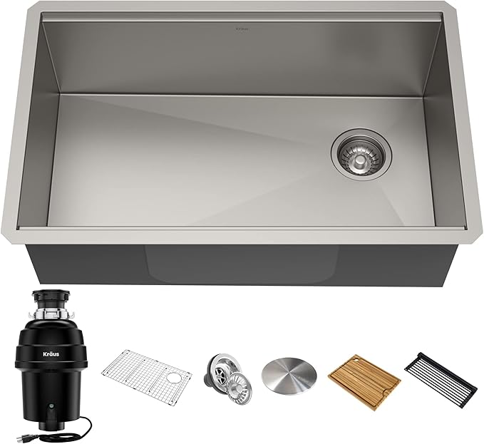 KRAUS Kore Workstation 30-inch Undermount 16 Gauge Stainless Kitchen Sink, Single Bowl Kitchen Sink with 1 HP Garbage Disposal,KWU110-30-100-100MB