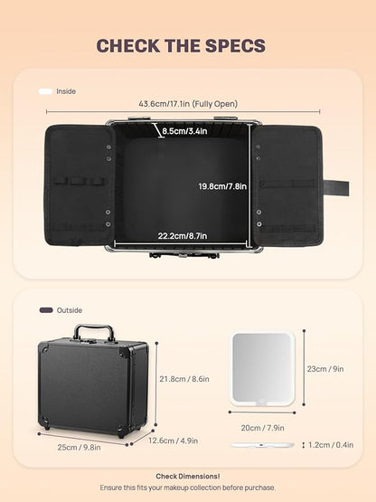 Qislee Makeup Box with A Detachable Lighted Mirror, Waterproof Travel Train Case, Cosmetic Organizer and Makeup Suitcase with Adjustable Dividers, Magnetic LED Mirror (Black)