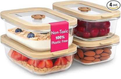 Ziruma Non-Toxic 1.5 cup Glass Food Storage Containers with Lids - Overnight Oats, Plastic Free Meal Prep, Reusable, Airtight, Microwave and Freezer Safe, 4 Pack