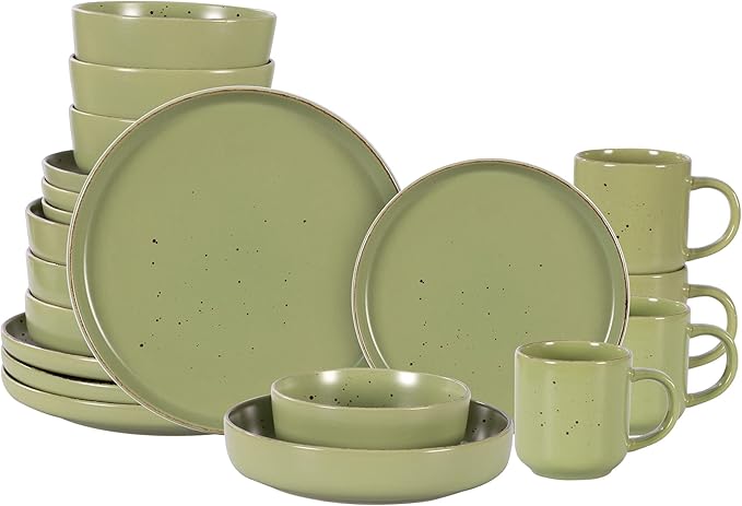 HomeVSS 20-Piece Dinnerware Set - Serves 4, Matte Green Glaze plates and bowls sets with Speckle Effect for Microwave & Dishwasher Safe