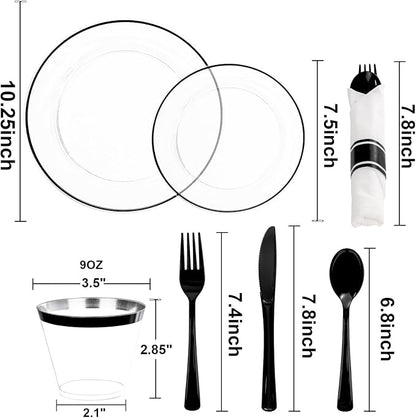 SUT 350 Pcs Black and Clear Plastic Dinnerware Set