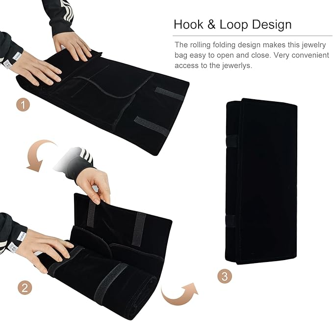 Velvet Travel Jewelry Case Roll Bag Organizer for Necklace Bracelet Earrings Ring (Black)