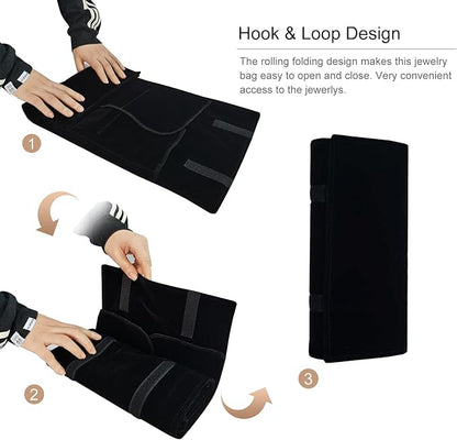Velvet Travel Jewelry Case Roll Bag Organizer for Necklace Bracelet Earrings Ring (Black)
