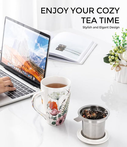 AmorArc Porcelain Tea Mug with Infuser and Lid, 18 Oz Tea Cup with Handle for Loose Leaf Tea, Gift for Tea Lovers of Men and Women