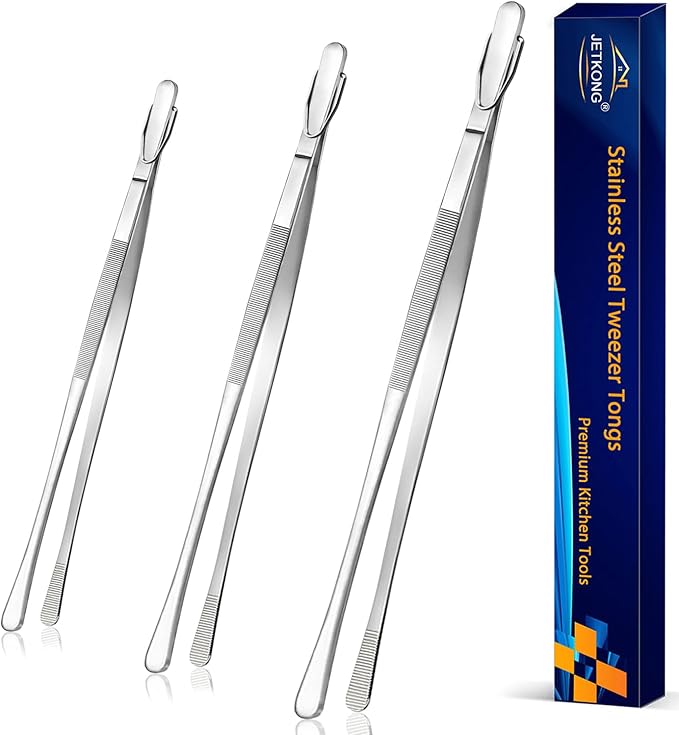 JETKONG 3 Pcs Extra Long Kitchen Tweezers Heavy Duty Stainless Steel Cooking Tweezers (9 12 14 Inch, Silver)