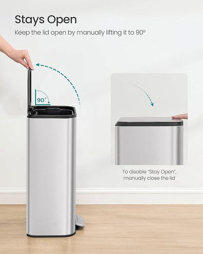 SONGMICS Kitchen Trash Can, 8-Gallon (30 L) Garbage Can with Lid, Stainless Steel, Soft Close and Stays Open, Inner Bucket, Wide Non-Slip Pedal, Metallic Silver ULTB546E01