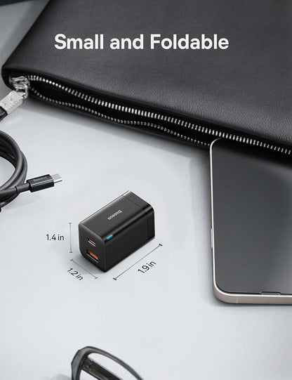 Baseus 30W Dual Port USB C PD Charger Block, Foldable PPS GaN Fast Charger Power Adapter for iPhone 17/16/15 Pro Max/14 Pro/13, Galaxy S24 Ultra/S23, Google Pixel 6, iPad, Black