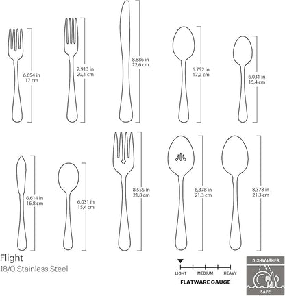 Oneida Silverware Set For 8, Flight 45-Piece Everyday Flatware Set with Serving Utensils, Service For 8, 18/0 Stainless Steel, Dishwasher Safe, Knives Spoons and Forks Set, Dining (Silver, 45 pieces)