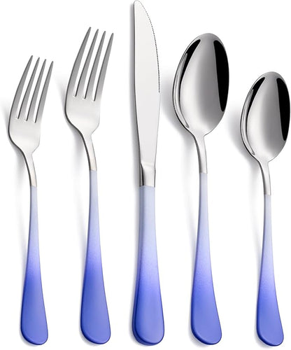 20-Pieces Color Silverware Sets for 4,Blue and white Handle Stainless Steel Cutlery Set, Include Forks Spoons and Knives Set, Dishwasher Safe Utensil Sets for Home Restaurant