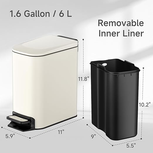 TIPGO Slim Bathroom Trash Can with Lid Soft Close, 6 Liter / 1.6 Gallon Stainless Steel Garbage with Removable Inner Bucket, Small Trash Bins for Bedroom, Office (Cream)