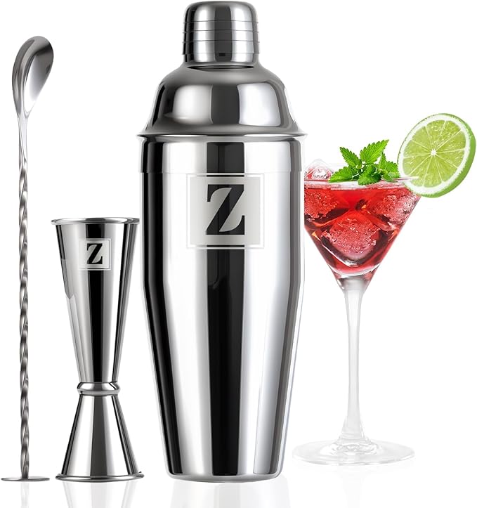 24oz Cocktail Shaker Set with 1 oz 2oz Jigger - Monogramm Initials Martini Shaker Set - 304 Stainless Steel Bar Shaker for Margarita,Mojito-Personalized Gift for Friend,Husband-Z