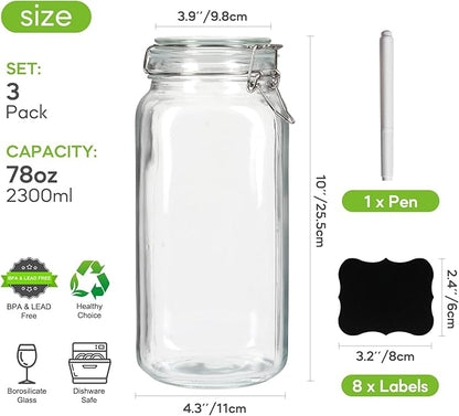 EkkoVla 78 oz Glass Food Storage Jars with Airtight Clamp Lids, Set of 3 Kitchen Canisters, Square Mason Jars Containers for Pasta, Coffee, Candy, Flour, Cereal, Dog Treats, Snacks and Canning