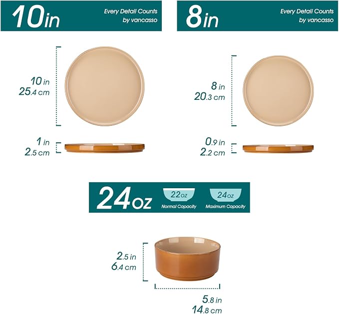 vancasso ONION Ceramic Plates and Bowls Sets, 12 Pieces Brown Dinnerware Sets