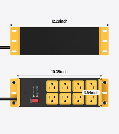 HHSOET 2 Pack Heavy Duty Power Strip 8 Outlets, Metal Wall Mount Outlet Strip 4800J Surge Protector, Garage Shop Under Desk Mountable 6FT Extension Cord Plug, ETL Listed