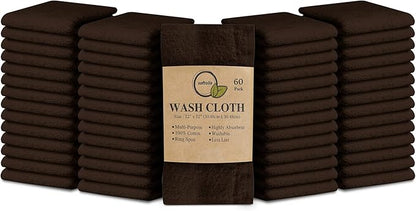 Softolle 100% Cotton Washcloths 60 Pack (12x12 Inches) Soft, Highly Absorbent Washcloth, Face Towels, Wash Cloths for Face, Ring Spun, Bulk Pack (Brown)