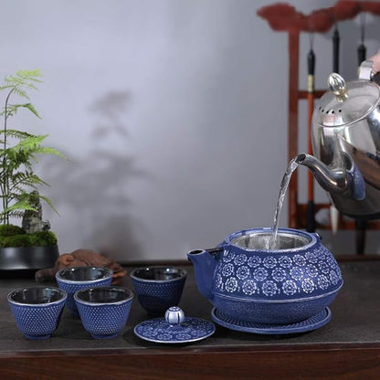 Ufine Blue Floral Cast Iron Teapot Set Japanese Style Tetsubin Tea Kettle with 4 Cups, Stainless Steel Infuser for Stove Top Tea Brewing 28 oz