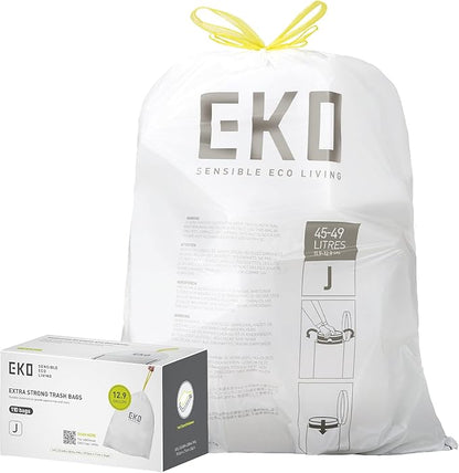 EKO 12.9 Gallon / 45-49 Liter, 110 Count Drawstring Trash Bags, Extra-Strong Unscented Garbage Bags, Easy-Dispense Roll for Kitchen & Household Use, Resists Tears, Leaks and Punctures, Code J, White