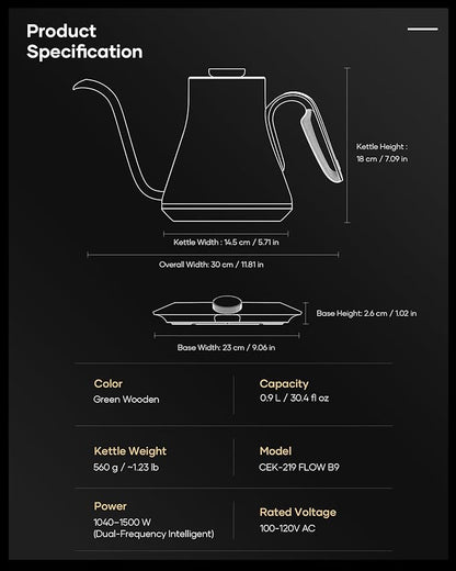Cocinare FLOW B9 Gooseneck Electric Kettle, Precise Temperature Control for Pour-Over Coffee & Tea Brewing, Stainless Steel Interior, Rapid Heating for Boiling Water 1500W/0.9L (Delacroix Green)