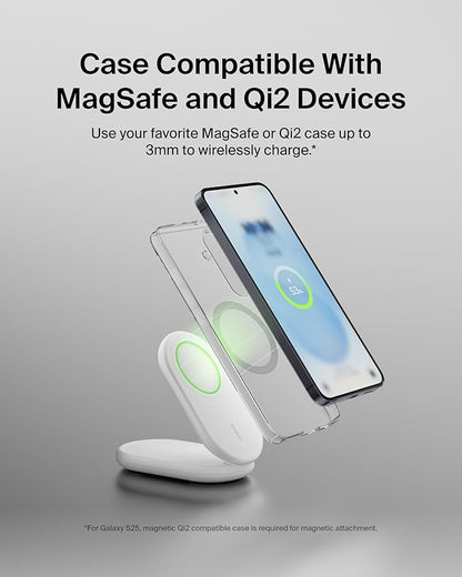 Belkin Magnetic Foldable Wireless Charging Stand 15W - MagSafe-Compatible Qi2-Certified Charger, Wireless Charging Stand for iPhone 16, Galaxy S25, & More - Standby Mode Ready w/PSU Included - White
