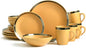 Bestone 16 Piece Round Kitchen Dinnerware Sets,Plates and Bowls sets,Dishes, Plates, Bowls, Mugs, Dish Set，Plates and Bowls,Service for 4, Stoneware (round, green and gold rim)