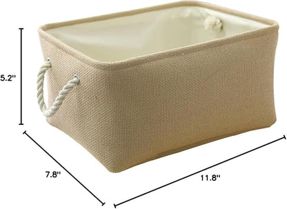 TheWarmHome Decorative Basket Rectangular Small Storage Basket Fabric Storage Bin Organizer Basket with Handles for Clothes Storage (Beige, 11.8L×7.9W×5.2H inch)