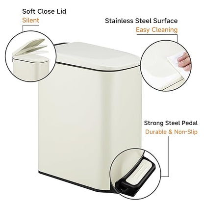 TIPGO Slim Bathroom Trash Can with Lid Soft Close, 6 Liter / 1.6 Gallon Stainless Steel Garbage with Removable Inner Bucket, Small Trash Bins for Bedroom, Office (Cream)