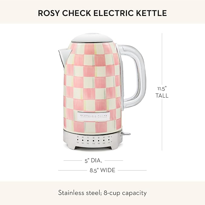 MACKENZIE-CHILDS Electric Kettle, Stainless-Steel Tea Kettle, Pink-and-White Rosy Check