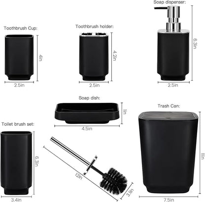 Bathroom Accessory Set 6 Piece Bathroom Accessories Set with Toothbrush Holder&Cup,Soap Dispenser& Dish,Toilet Brush Holder,Trash Can Plastic Gift Set for Bathroom Decorative Countertop (Black