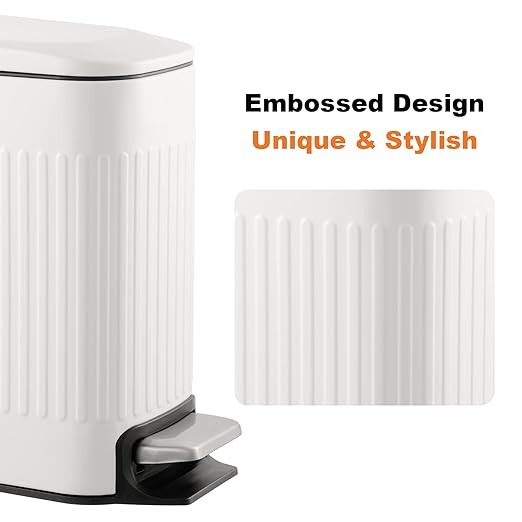 TrashAid Slim Bathroom Trash Can with Lid Soft Close, 6 Liter/1.6 Gallon Stainless Steel Small Garbage Can with Removable Inner Bucket, Step Pedal, Slim Wastebasket for Toilet, Office, Bedroom, White