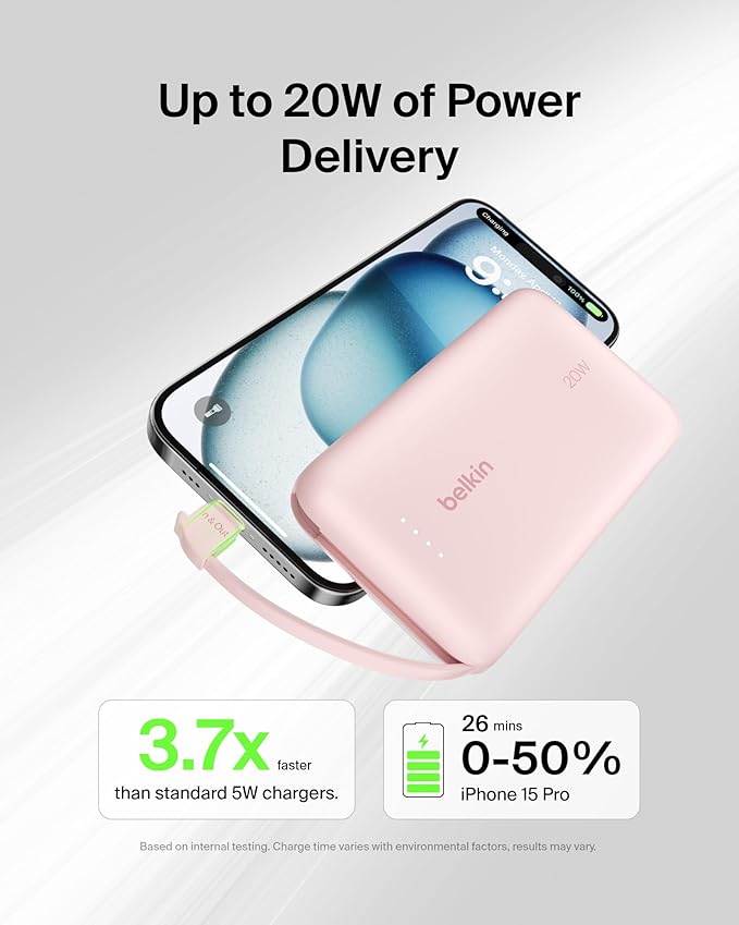 Belkin Portable Charger, Power Bank with Integrated Cable 10000 mAh 20W - Fast Charge USB C Power Delivery - iPhone 17, Air, Pro, Pro Max, iPad, AirPods, Apple Watch, Galaxy S25, & More - Pink