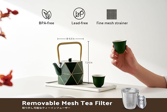 Toptier Cast Iron Teapot, Stovetop Safe Japanese Cast Iron Tea Kettle, Diamond Design Tea Pot with Removable Infuser for Loose Tea, 30 Ounce (900 ml), Dark Green