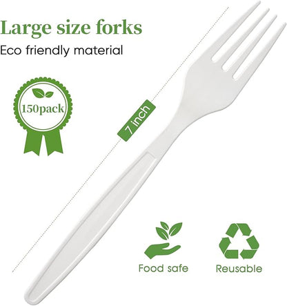 ECOLipak 100% Compostable Forks 150 Pack, 7 Inch Large Size Biodegradable Disposable Cutlery Forks, Heavy Duty Bio based CPLA Utensils for Party, BBQ, Picnic